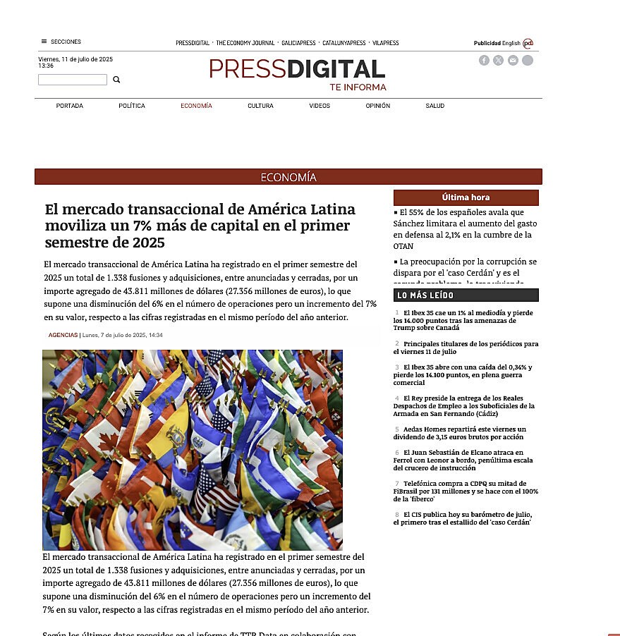 El mercado transaccional de Amrica Latina moviliza un 7% ms de capital en el primer semestre de 2025